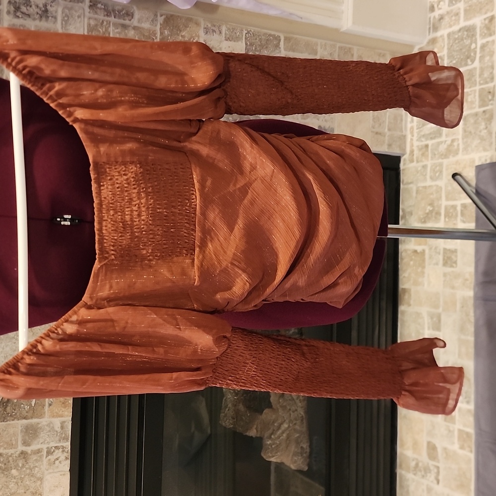 Wayf Orange Ruched Ruffled Blouse - Picture 5 of 7